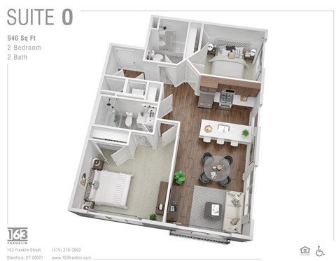 Floor plan for 2 beds, 2 baths, 940 sqft